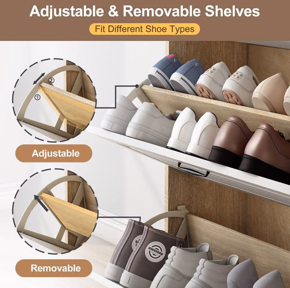 STILVORA Modern Shoe Cabinet in Natural and White with 3 Tilting Compartments and 2 Drawers, W/D/H: 80.0 x 23.5 x 131.0 cm – 4