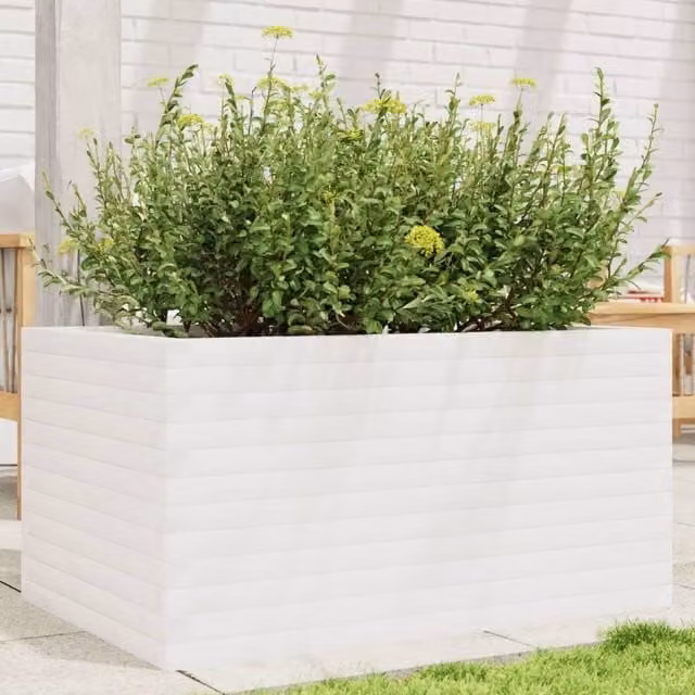 Berkfield Home White Solid Wood Pine Garden Planter Tub W: 90 cm, D: 60 cm, H: 45.5 cm