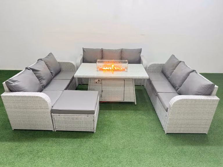 Fimous 10 Seater PE Rattan Outdoor Garden Furniture Set in Light Grey with Firepit Dining Table, 3 Seater Sofa and Large Footstool