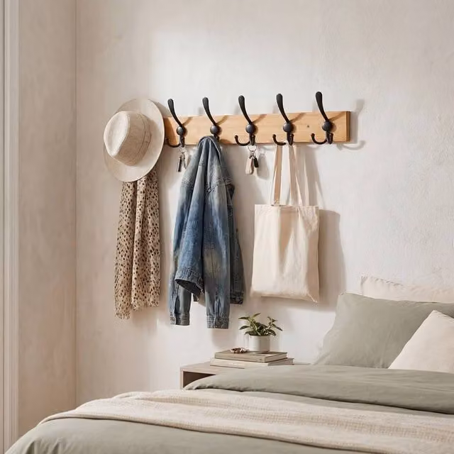 Levede Wall Mounted Bamboo Coat Rack with Hooks in Natural and Matt Black