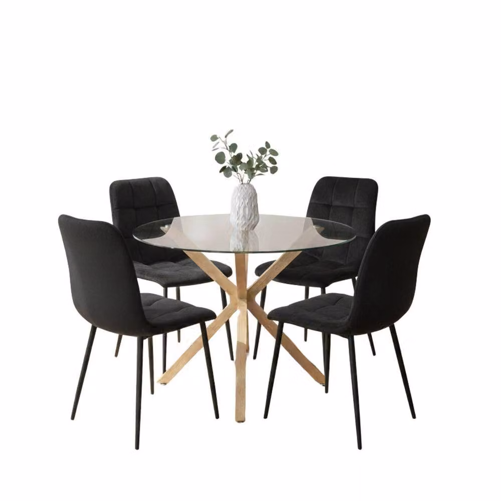 KOSY KOALA Modern Round Transparent Glass Dining Table with 4 Black Chairs – 2