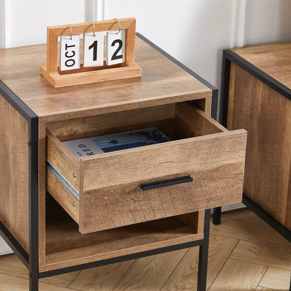 KORVIXA Industrial 1 Drawer Rustic Bedside Table in Brown and Black – 4