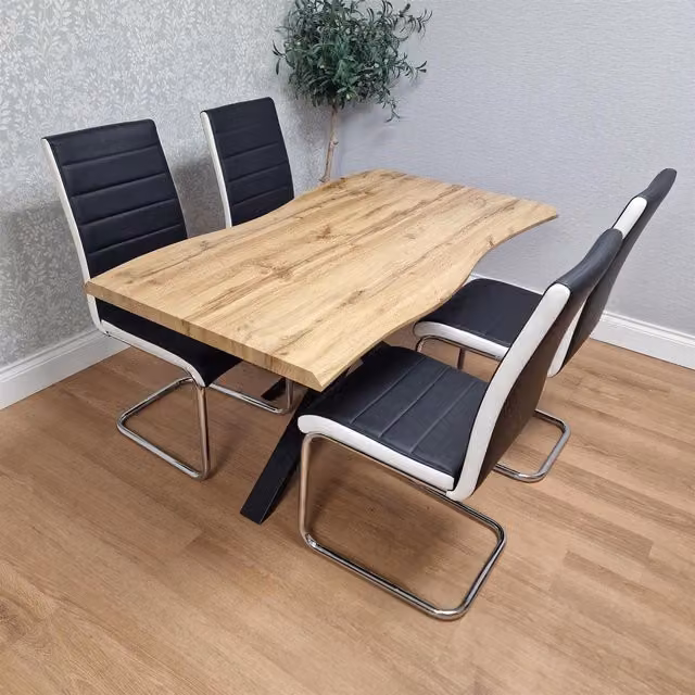 Kosy Koala Modern Rectangular Wood Dining Table with 4 Black Faux Leather Padded Chairs, Brown