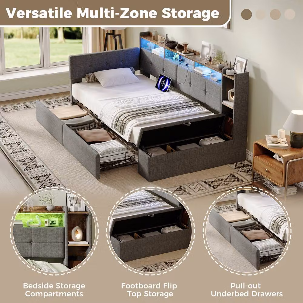 ModernLuxe Single Daybed in Grey with LED Under-Bed Lighting, USB Charging Port and Ottoman Storage Bench, W/D/H: 200 x 100 x 108 cm – 3