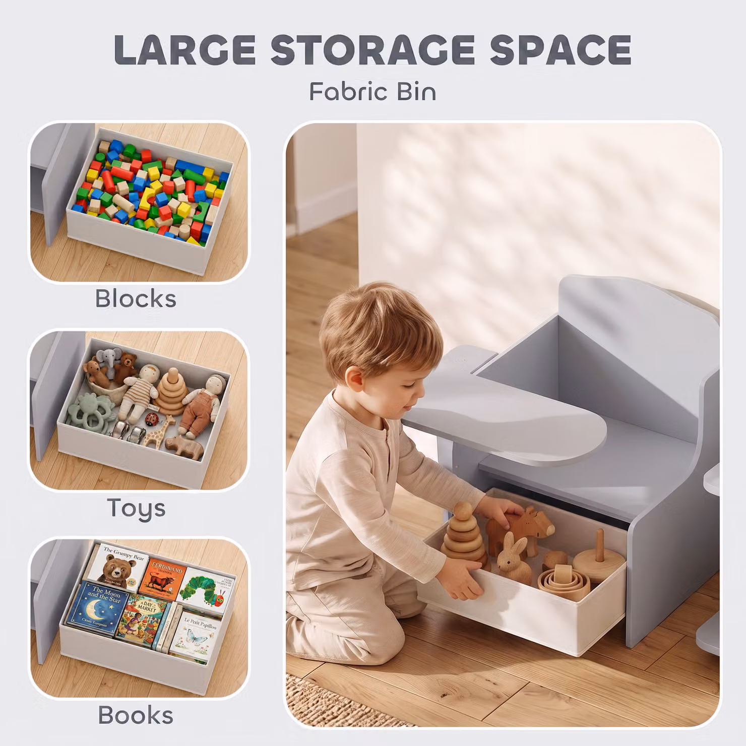 AIYAPLAY Kids Table and Chair Set with Storage Bins in Grey – 4
