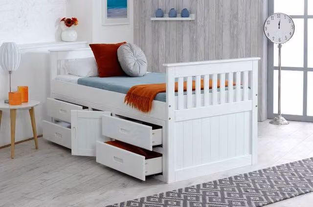 Captains Solid Wood Single Storage Bed with 4 Drawers and Cupboard in Waxed White Pine