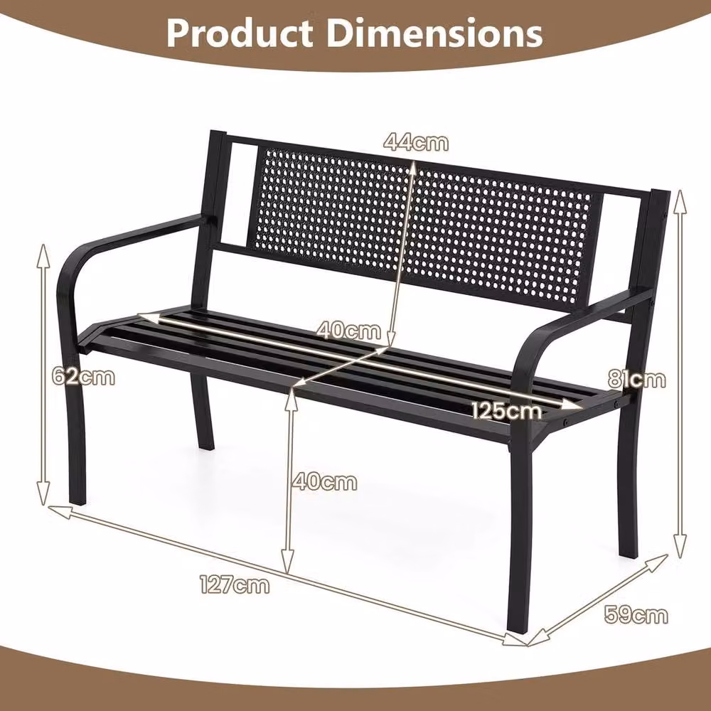 VOGREX Black Modern Geometric Metal Garden Bench, Width: 127 cm – 2
