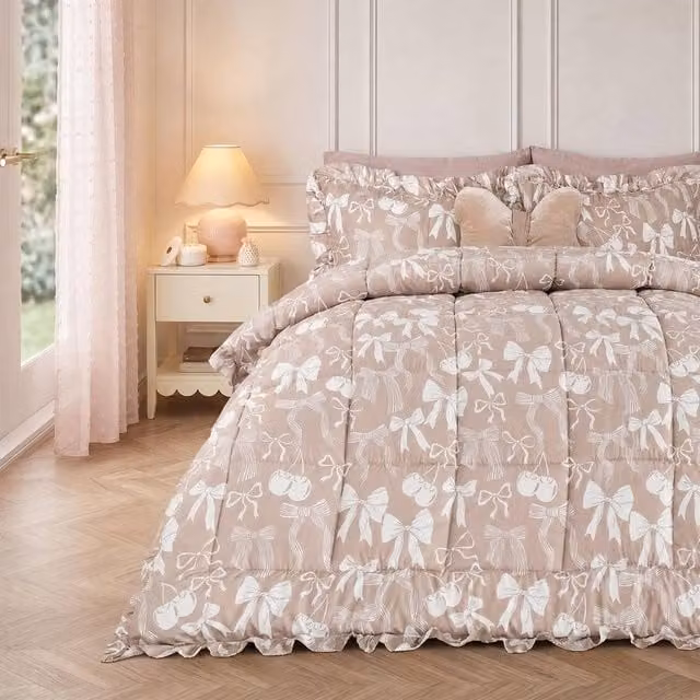 OHS Bows Frill Edge 7.5 Tog Duvet Set and Pillowcase in Natural Sand, King Size