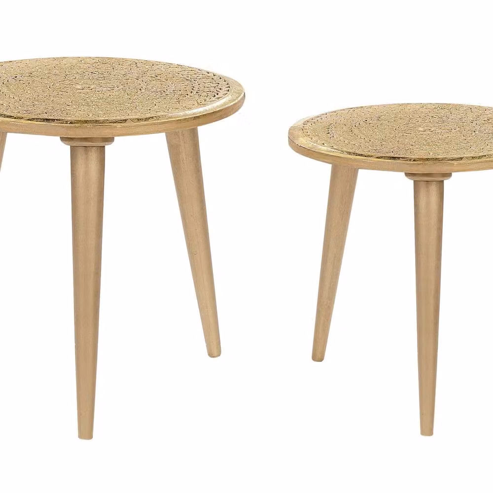 Wyld and Coco Set of 2 Gold Distressed Carved Mango Wood Side Tables – 2