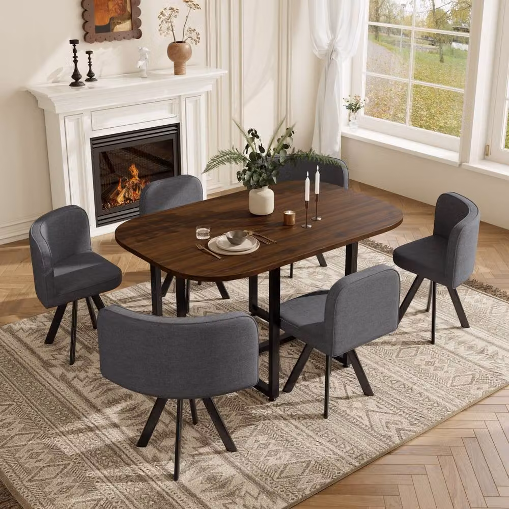 Matteo 6-Seater Square Dining Table Set with Linen Chairs in Walnut and Grey, W/D/H: 140 x 140 x 73 cm – 4