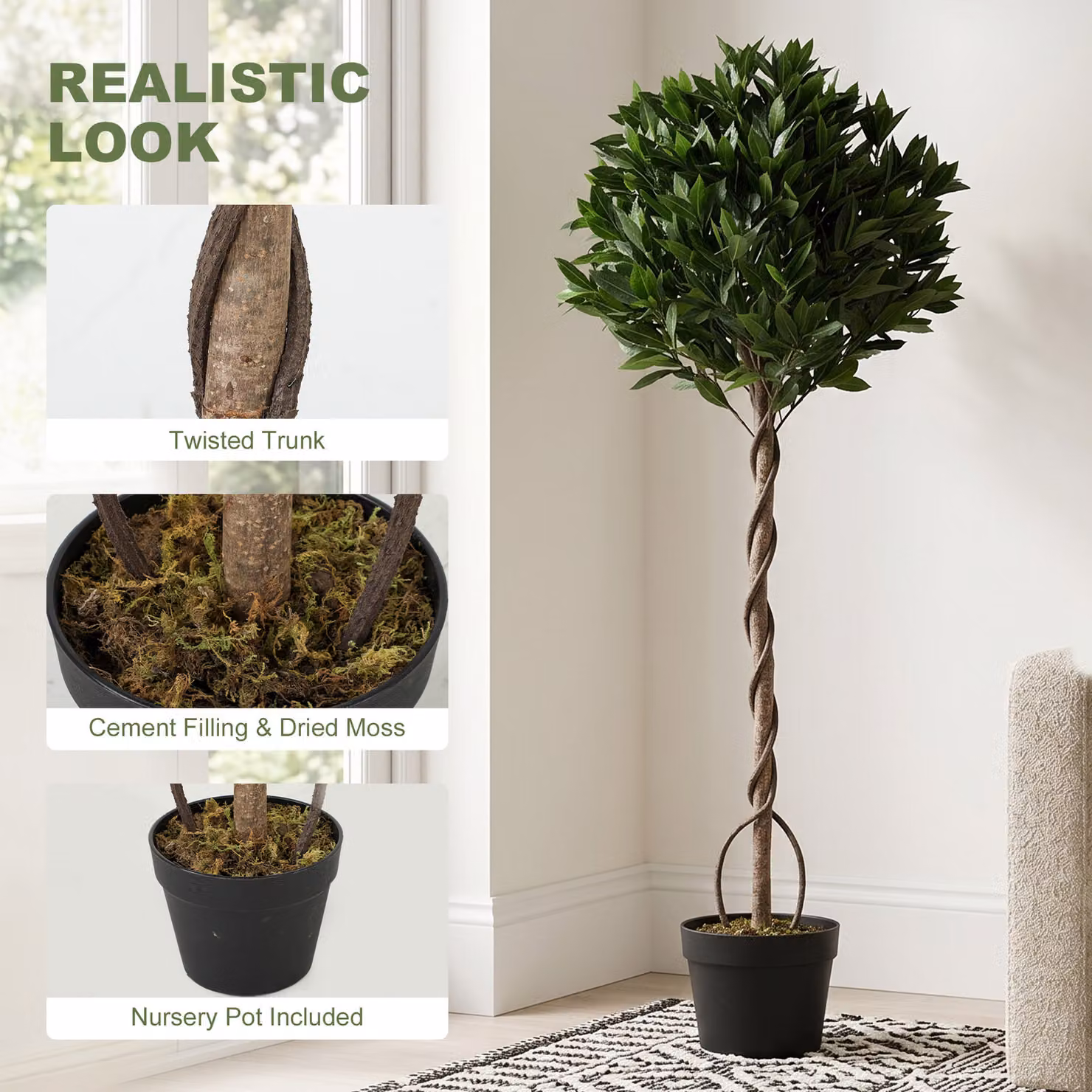 Outsunny Set of 2 Realistic Green Artificial Bay Laurel Topiary Ball Trees with Weighted Pots – 4