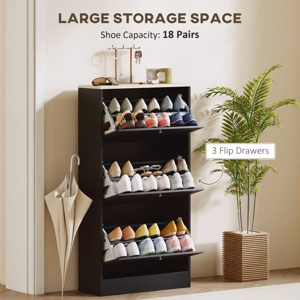 ERGOVEXA Modern Black 3-Drawer Shoe Storage Cabinet with Tilting Compartments, W/D/H: 60.0 x 23.5 x 115.0 cm – 4