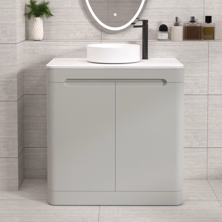 Royal Bathrooms Venice 800mm Dove Grey Floor Standing Countertop Vanity Unit with Art Deco 2 Door Soft Close Design and White Stone Basin