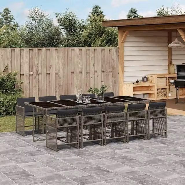 Berkfield Home 11 Piece Grey Poly Rattan Garden Dining Set with Cushions and Glass Tabletop