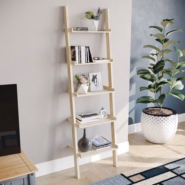 Vida Designs York 5 Tier Ladder Bookcase in Pine Wood, Brown and Beige