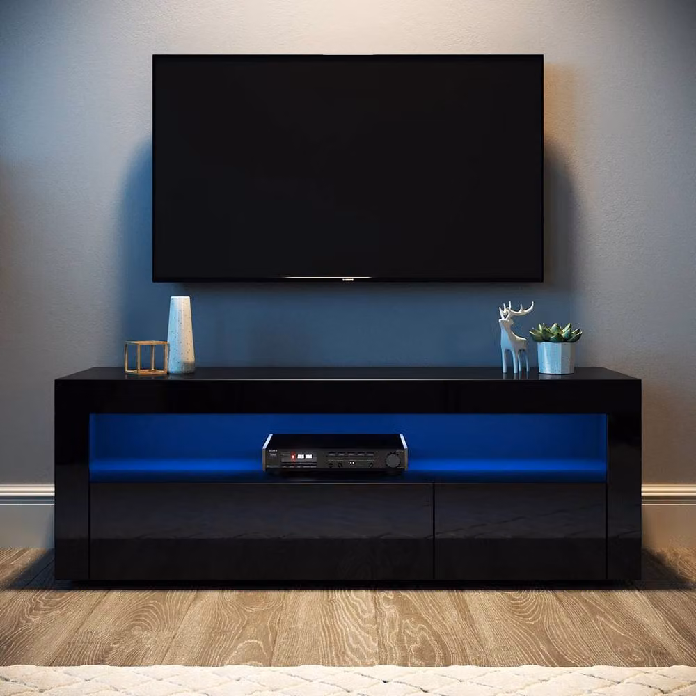 ERGOVEXA Modern Black High Gloss TV Unit Cabinet with Integrated LED Lights and Drawers W/D/H: 120 x 45 x 45 cm – 3
