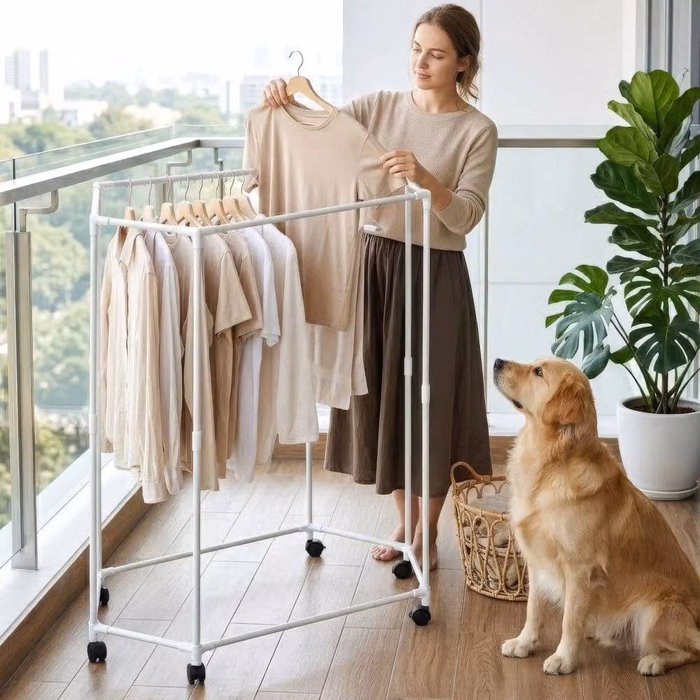 VOGREX Double Layer Hexagonal Rotating Clothes Rack with Wheels in Matt White – 3