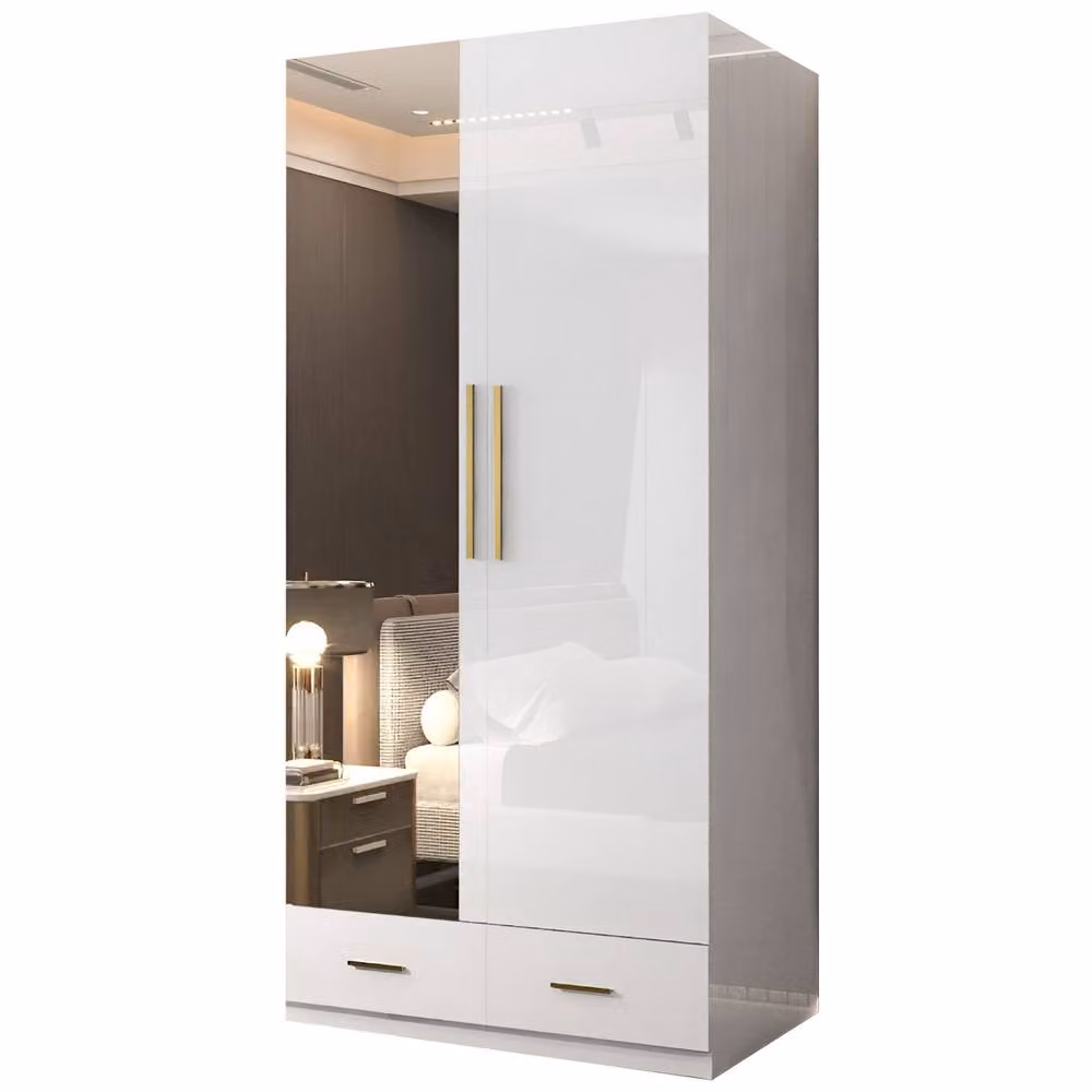 Sliding Wardrobes 4U Modern High Gloss 2 Door Wardrobe with Mirror and Integrated Drawers, White and Gold, W: 90 cm, H: 200 cm – 2