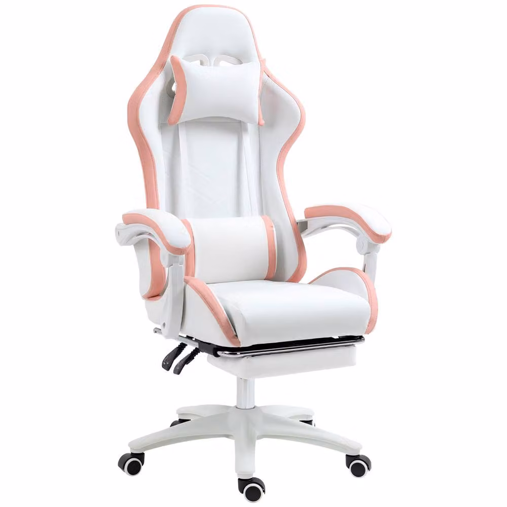 STILVORA Pink and White Gaming Chair with Footrest, Reclining Back, and Headrest – 3