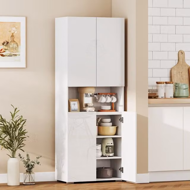 HOMCOM White Glossy Tall Kitchen Cupboard and Pantry Storage Cabinet, Height: 180 cm