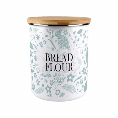 Purely Home Green Rabbits Bread Flour Canister, Extra-Large Enamel Kitchen Storage Tin with Bamboo Lid, 2.7 l