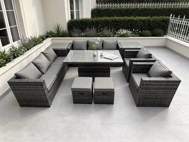 Fimous 9 Seater Outdoor Rattan Garden Furniture Set with Adjustable Lifting Dining Table and Side Table in Grey – 1