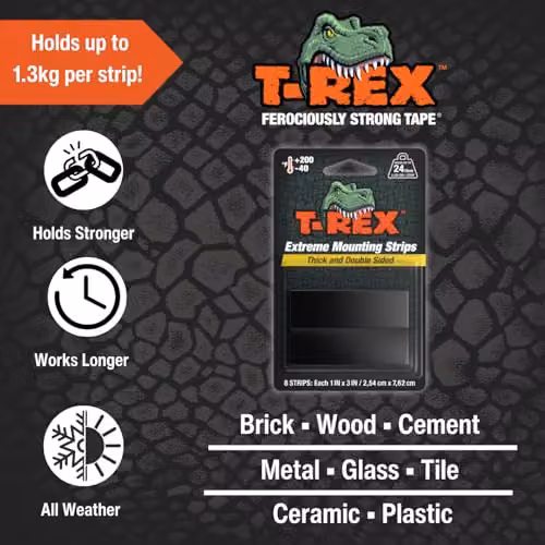 T-REX Tape Extreme Hold Heavy Duty Double Sided Mounting Strips, Black, 8 Strips, W: 2.54 cm x H: 7.62 cm – 3