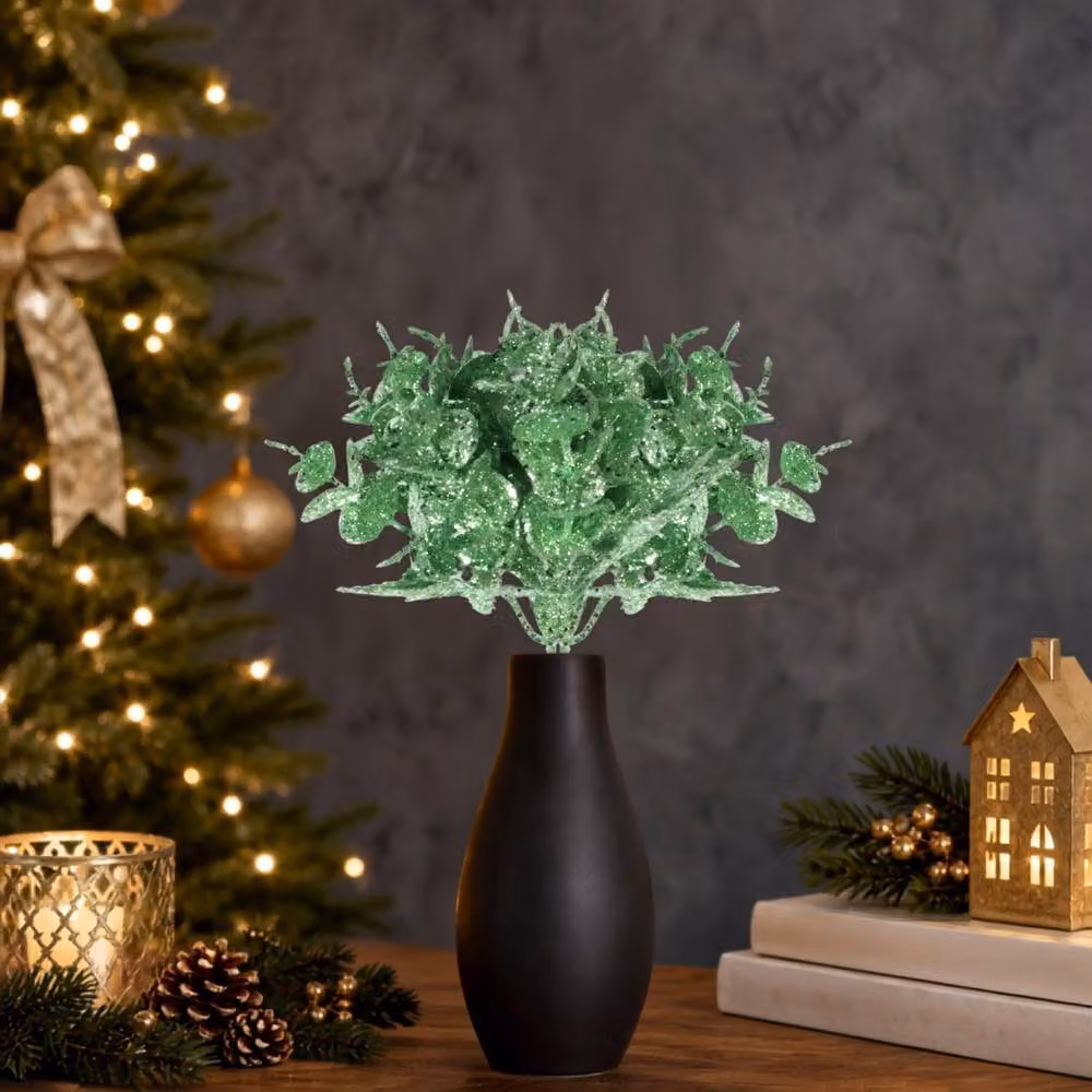Shatchi 12 Pack Glitter Eucalyptus and Maple Leaf Picks in Mint Green, Height: 17 cm – 2
