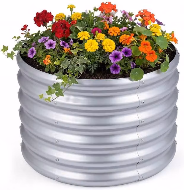 Costway Galvanised Steel Round Raised Garden Bed Planter Box in Silver