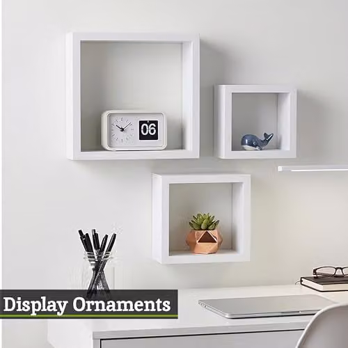 Orsina Set of 3 White MDF Wall Mounted Cubes with Back Panel, Modern Floating Storage Shelves for Living Room or Home Office – 3