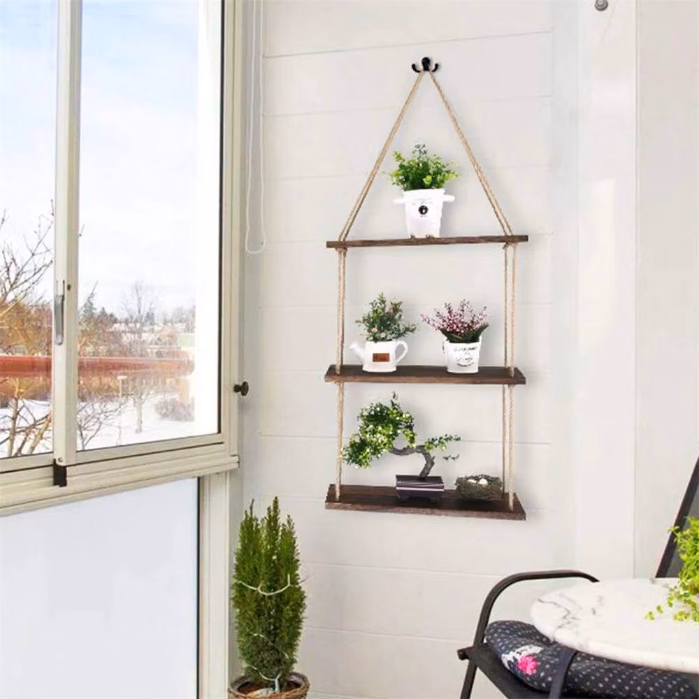ERGOVEXA Adjustable Wall Mounted Floating Shelf Storage Rack in Brown Rustic Wood – 2