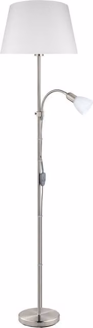 Loops Modern Floor Lamp in Satin Nickel with White Fabric Shade and Glass Details – 1