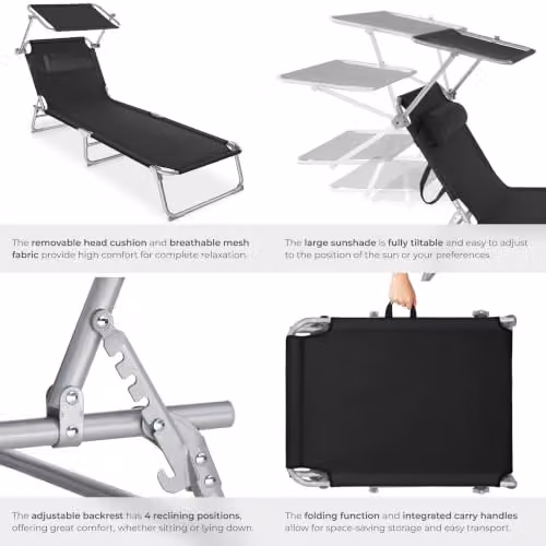 tectake Set of 2 Folding Sun Loungers in Black, H x W x D: 111 x 68 x 68 cm – 6