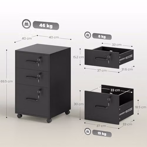 HOMCOM Mobile 3 Drawer Filing Cabinet with Lock and Castors, Black, H 69.5 x W 40 x D 40 cm – 3