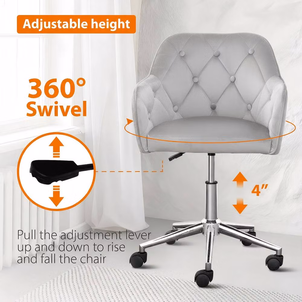 Alivio Grey Velvet Modern Task Chair with Armrests and Castors – 3