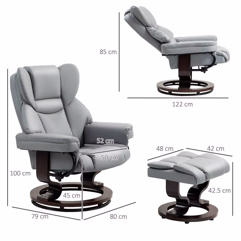 STILVORA Grey Synthetic Leather Recliner Chair with Ottoman and 360 Degree Swivel – 3