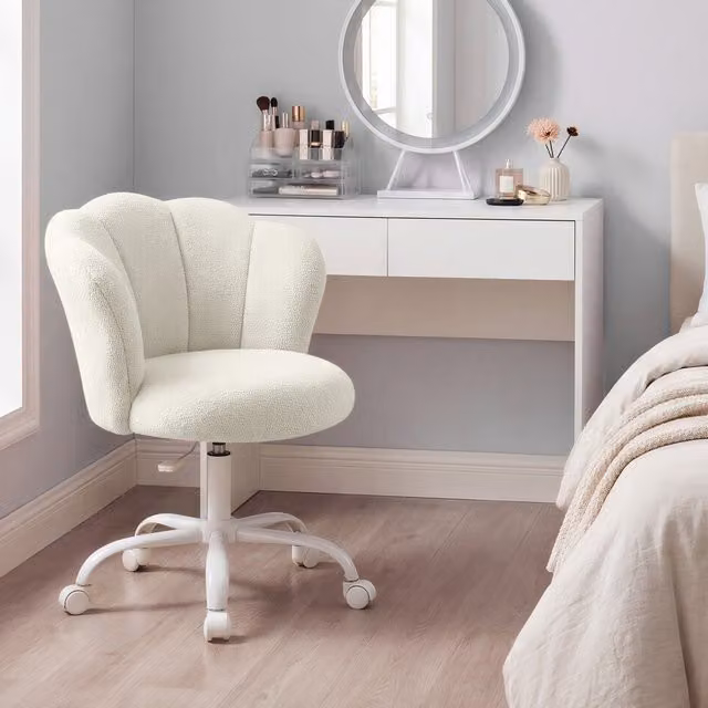 SONGMICS White Petal Adjustable Swivel Task Chair in White Bouclé Fabric