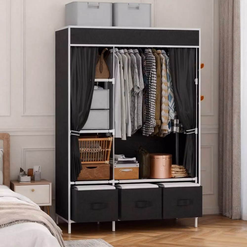VOGREX Black Canvas Fabric Wardrobe Hanging Rail with Storage Shelf, H 163.0 cm x W 105.0 cm – 4