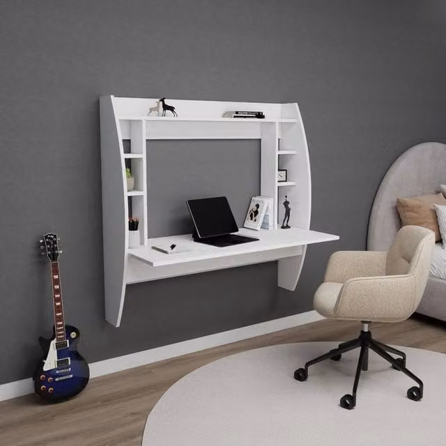 Destina Home Buglem Floating Computer Desk with Shelves in White, W: 120 cm, D: 55 cm, H: 123.6 cm – 1