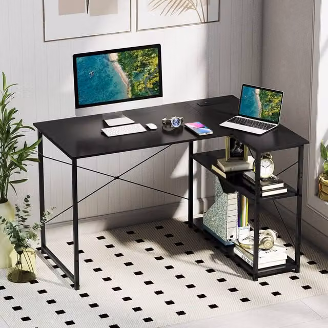 Costway L-shaped Corner Computer Desk with Power Outlet and Reversible Shelves in Black – 1