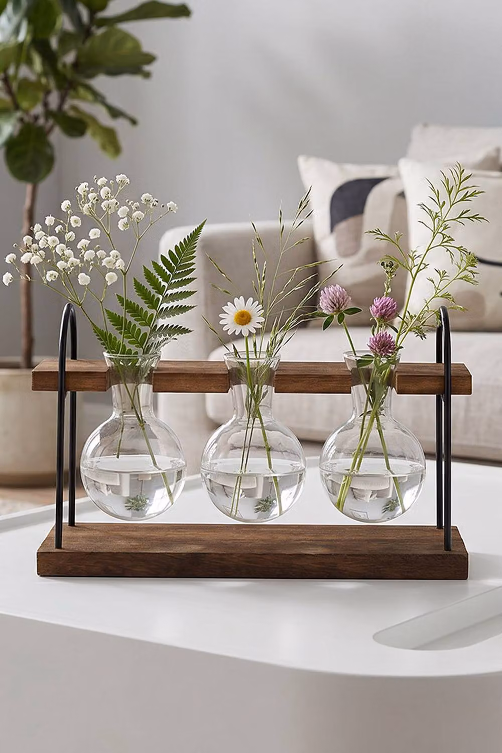 Living and Home 3-Piece Desktop Glass Bulb Vases with Walnut Wood Stand for Hydroponic Plants, Brown and Transparent – 2