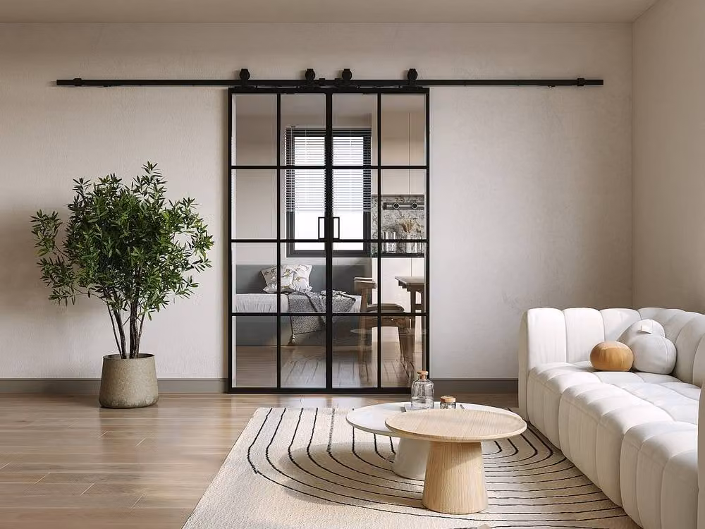 Vente-unique Double Sliding Door in Recess, Black Aluminium and Tempered Glass, Reversible Industrial Style, H: 205 cm – 2
