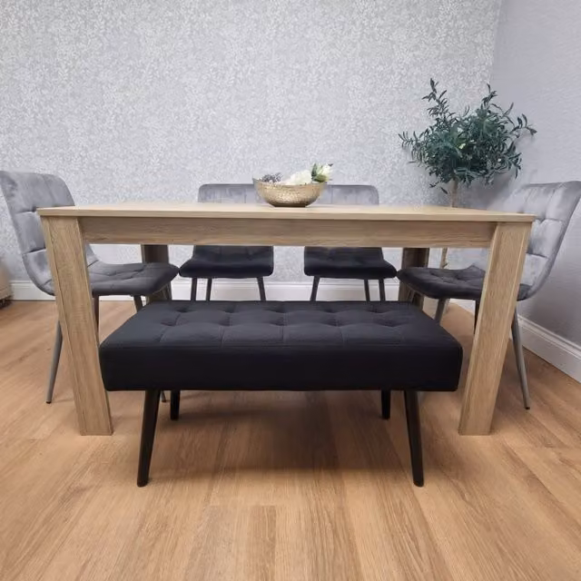 Kosy Koala Oak Effect Dining Set with Rectangular Table, 4 Velvet Chairs and Bench in Grey