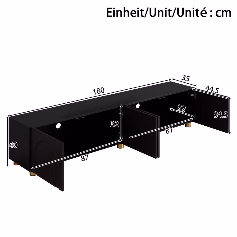 Merax Black Arched Relief 4 Door TV Unit Lowboard with Metal Legs W: 180 cm, D: 35 cm, H: 40 cm – 2