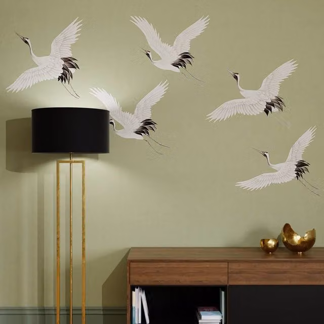 Superfresco Easy Cranes in Flight Sage Green Floral Modern Wall Mural, W: 3 m x H: 2.8 m