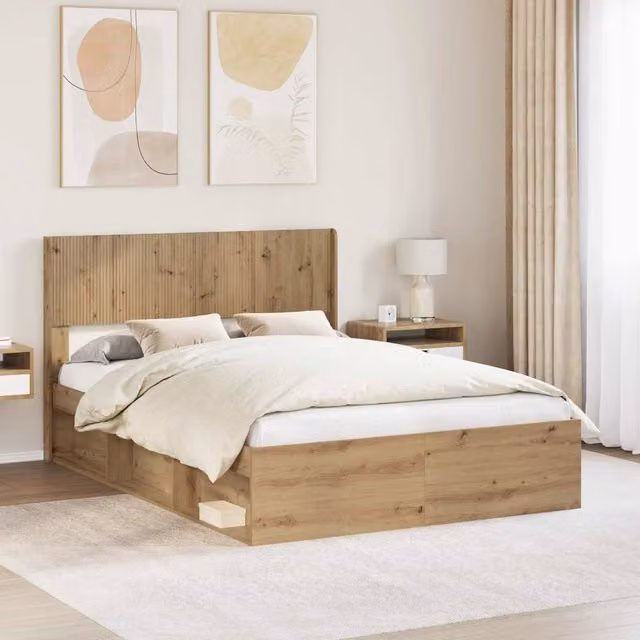 Berkfield Home Artisan Oak Bed Frame with Storage, Headboard and Side Compartments, Brown, W: 135 cm, L: 190 cm