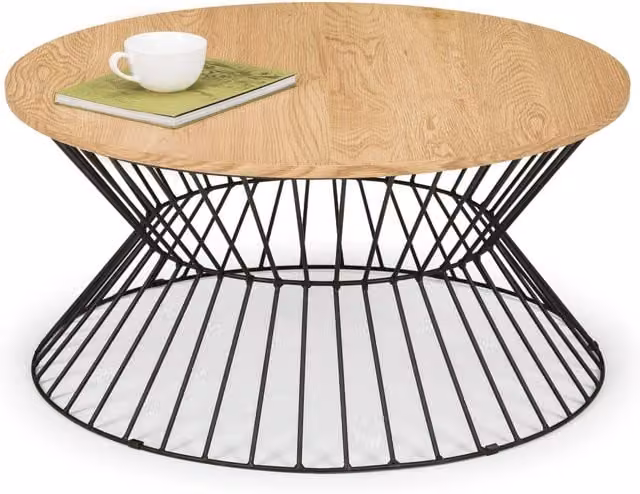 netfurniture Manhattan Round Wire Coffee Table in Light Oak, W/D/H: 80 x 80 x 40 cm