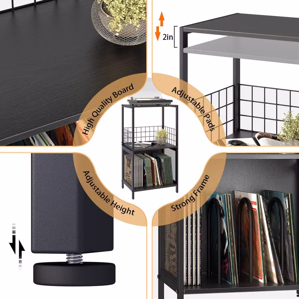 Huhote 3-Tier Black Vinyl Record Player Stand and Storage Side Table – 2