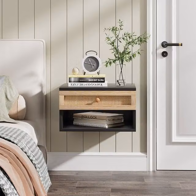 Lifeideas Black Wall Mounted Floating Bedside Table with Rattan and MDF Media Compartments