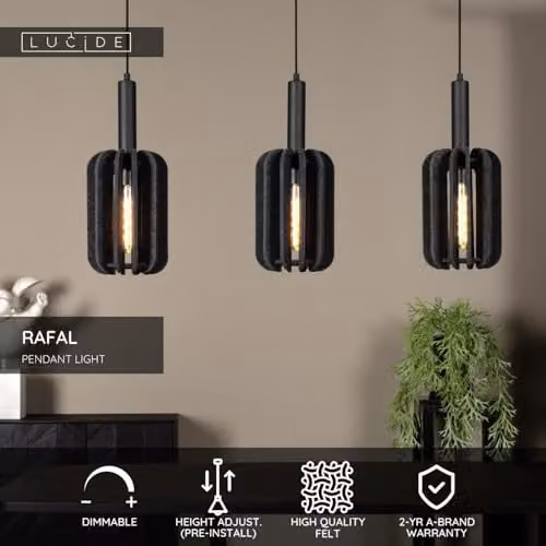Lucide Rafal Grey Fabric and Felt Pendant Light, Height Adjustable, 3 x E27 – 2